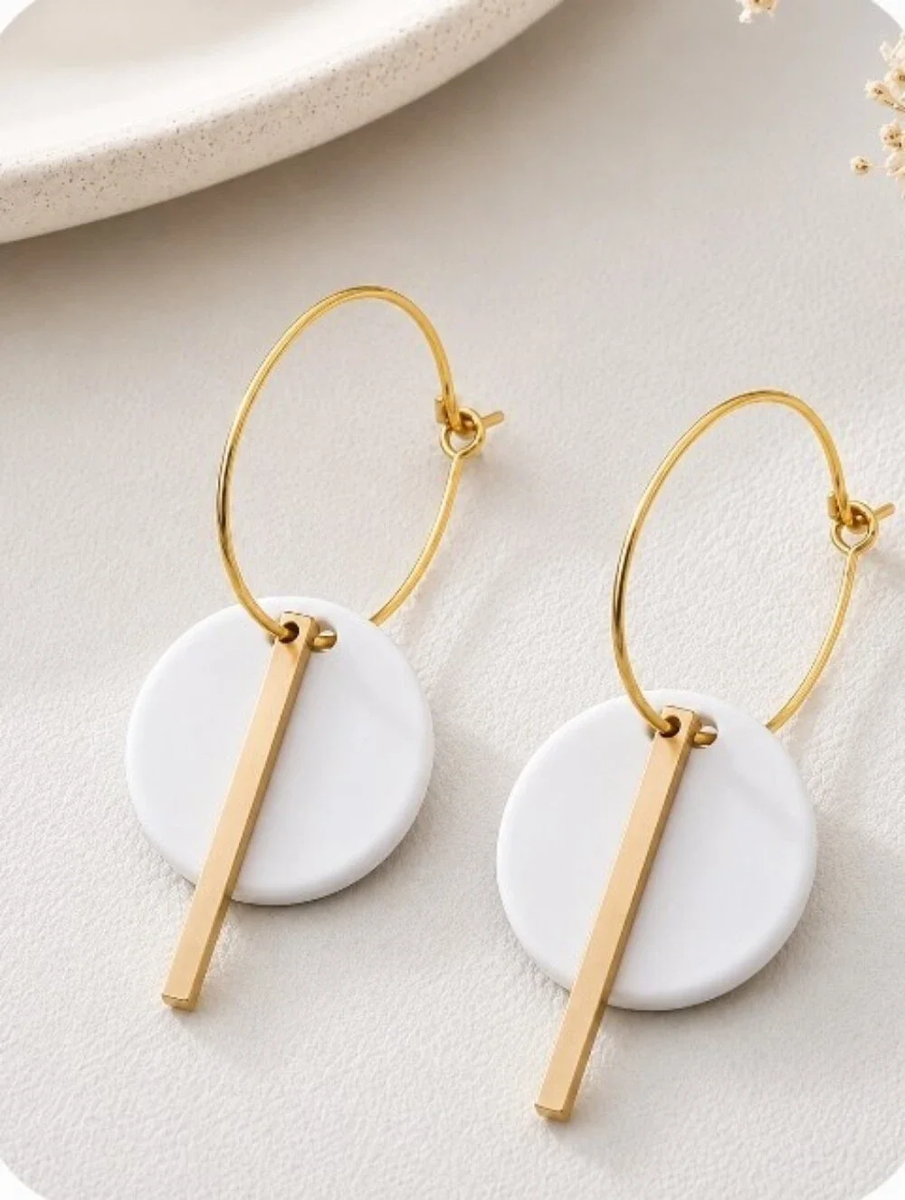 Gold Hoop Earrings with White Disk & Gold Bar Accent